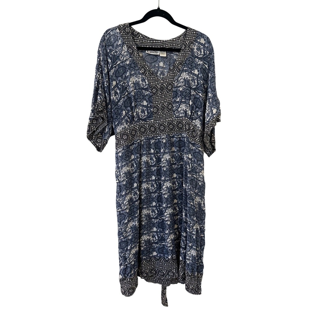 Vintage Womens XL Blue Paisley Midi Dress‎ Boho V-Neck Tie Waist Cottagecore